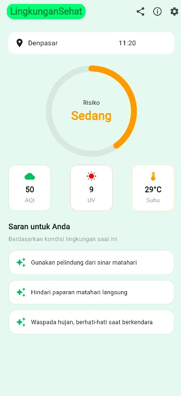 LingkunganSehat home screen showing the current risk level, AQI, UV, and temperature