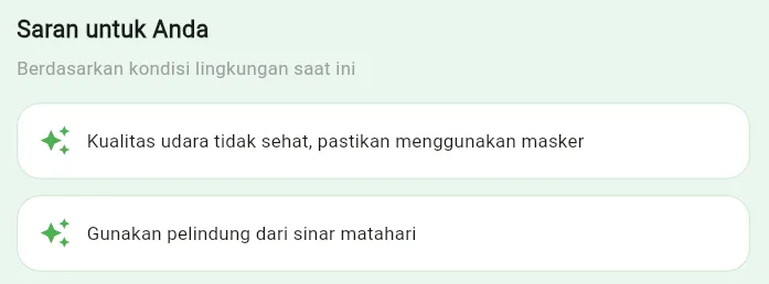 The app's personalized advice panel, 'Saran untuk Anda'